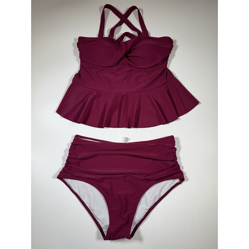 Daci Women 2‎ Piece Plus Sz 14W Swimsuit with Bottom Peplum Tankini High Waisted